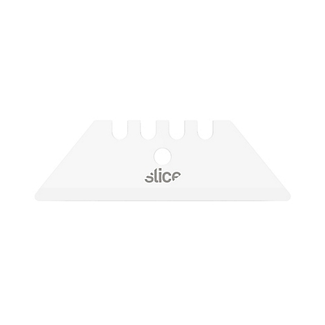Weiße, trapezförmige Klinge mit drei Aussparungen und einem Loch. Der Schriftzug "slice" ist sichtbar.