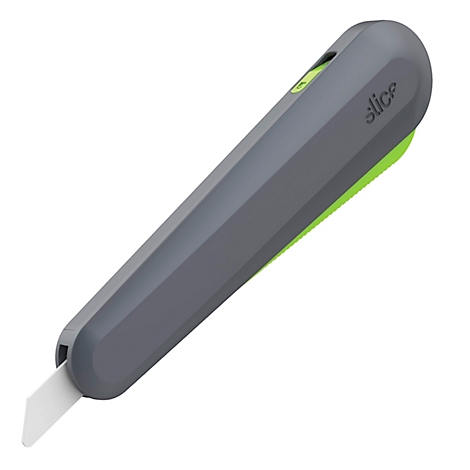 Grijze cutter met groene accenten, het mes is wit. Op de zijkant staat 'slice'.