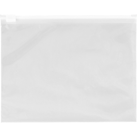 Transparent plastic bag with zipper. The bag is empty and white.