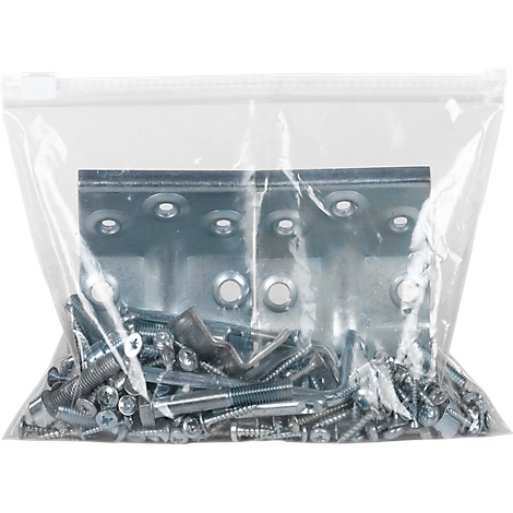 Metal brackets and screws in a plastic bag.