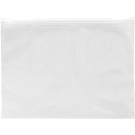Transparent plastic bag with folds and a sealed top.