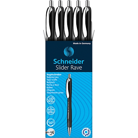 Five black ballpoint pens in a package. "Schneider Slider Rave" is written on the package.