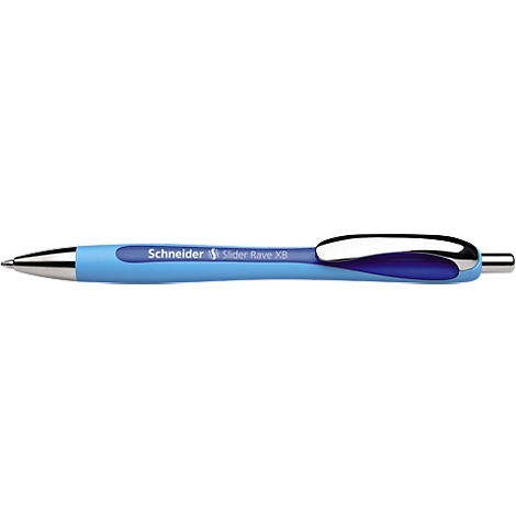 Light blue pen with metallic ends, bearing the inscription "Schneider Slider Rave XB".