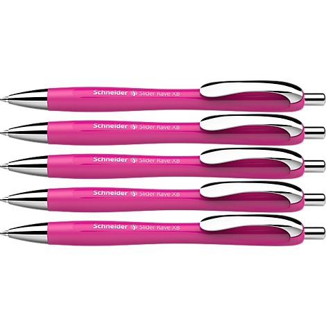 Five pink ballpoint pens side by side with silver details and lettering.