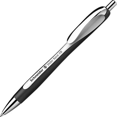 Black ballpoint pen "Schneider Slider Rave X8" with silver accents and clip.