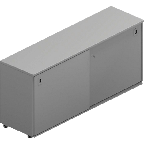 Gray cabinet with sliding doors, castors and handles.