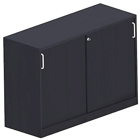 Dark grey cabinet with sliding doors and white handles. A keyhole is visible.