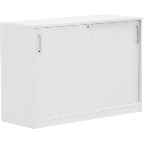 White cabinet with sliding doors. Rectangular shape, silver handles.