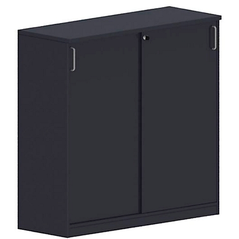 Dark grey filing cabinet with sliding doors, silver handles and a lock.