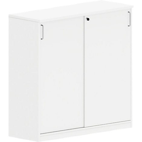 White cabinet with sliding doors, handles and a lock.