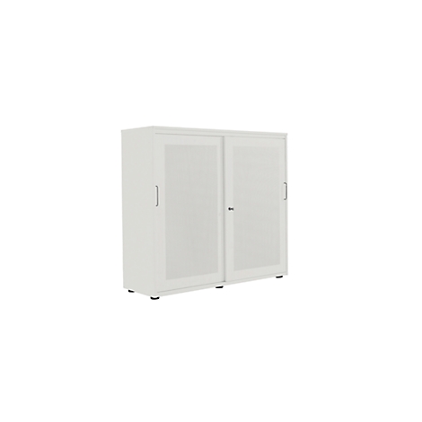A white cabinet with sliding doors against a neutral background.