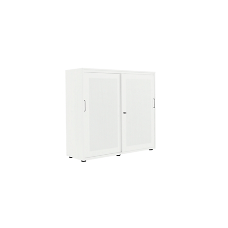 White cabinet with sliding doors, two handles and small feet.
