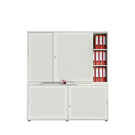 Beige filing cabinet with sliding doors and red folders.