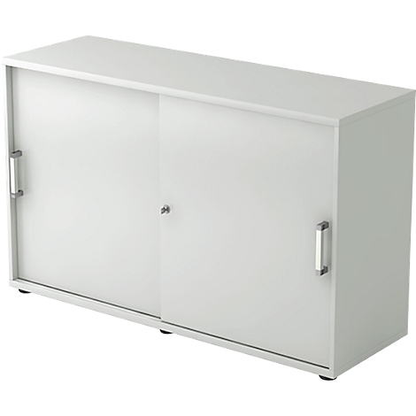 White cabinet with sliding doors and silver handles. Standing on black base.