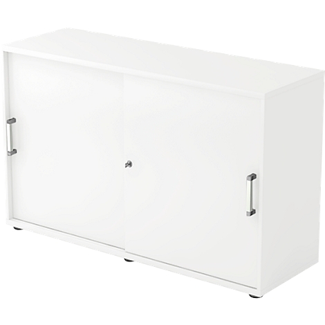 White sideboard with sliding doors and silver handles. The sideboard stands on small black feet.