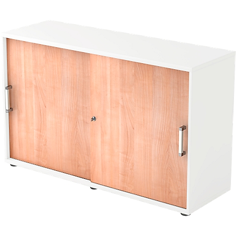 White cabinet with wooden doors and silver handles.