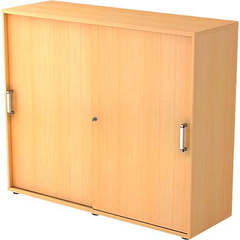 A light brown cabinet with sliding doors, silver handles and a keyhole.