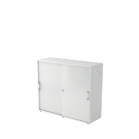 White cabinet with sliding doors and handles. On a white background.