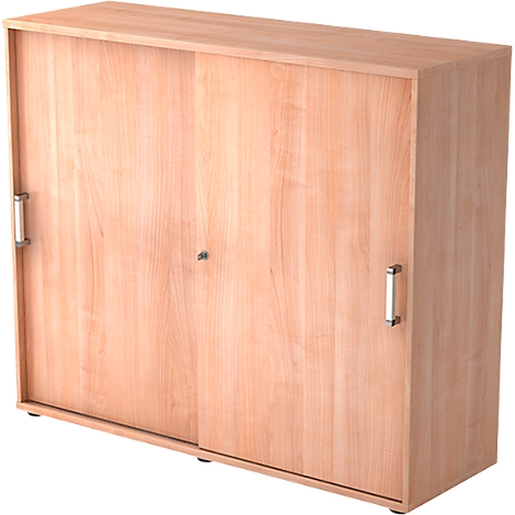 Light wood cabinet with sliding doors and metal handles. There is a keyhole on the right door.