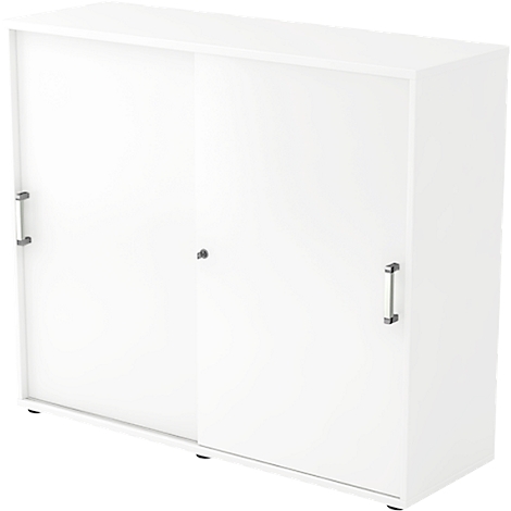 White cabinet with sliding doors and handles.