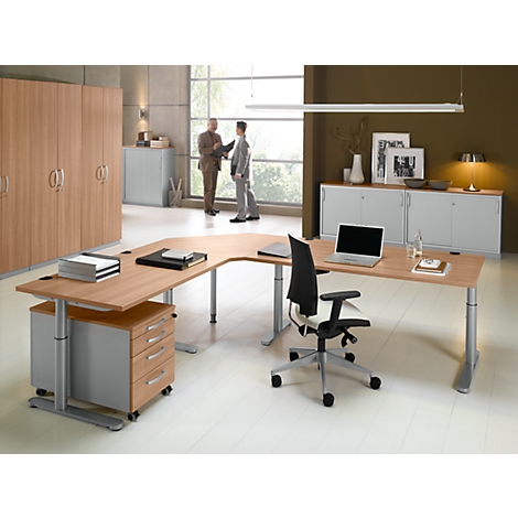 Office with large desk, two people in conversation, laptop, chair.