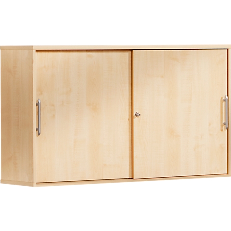 Light wood wall cabinet with two sliding doors and metal handles.