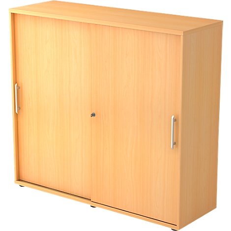 Light brown cabinet with sliding doors. Silver handles and lock.