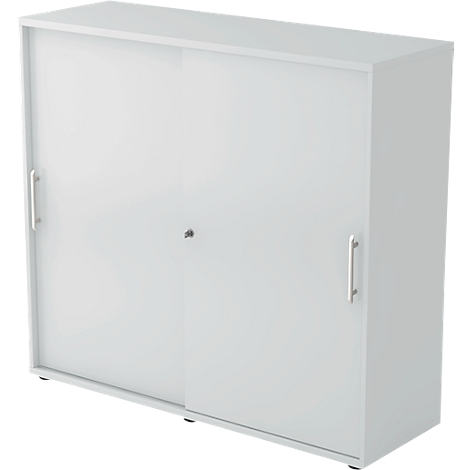 White cabinet with sliding doors and handles. There is a small keyhole in the center.