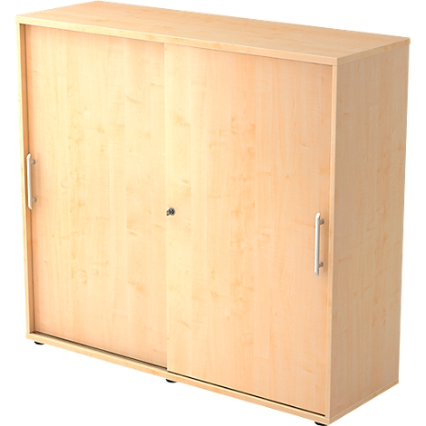 A cabinet with sliding doors, wood look, silver handles and lock.