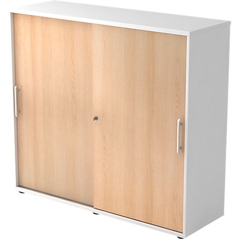 White filing cabinet with two sliding doors made of light wood. Two silver handles.