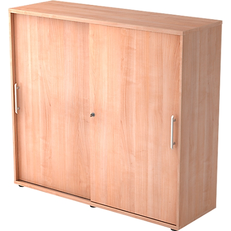 Wooden cabinet with sliding doors and silver handles.