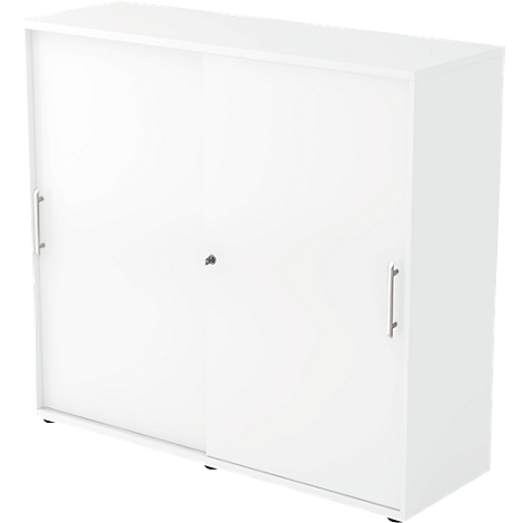 White cabinet with sliding doors and handles. A lock is in the middle.