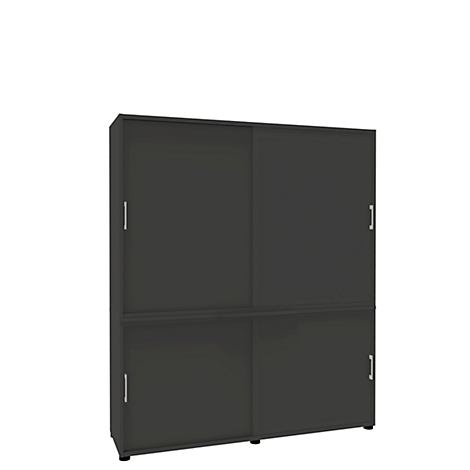 Dark gray cabinet with sliding doors, two doors on top of each other. Rectangular, silver door handles.