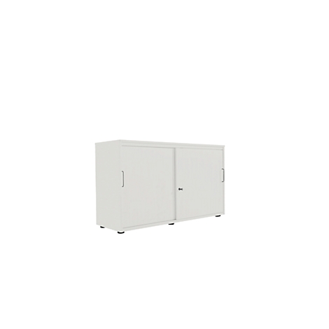 White cabinet with sliding doors, handles, and a keyhole. Stands on small black feet.