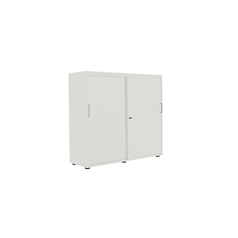 White cabinet with sliding doors. On a black base.