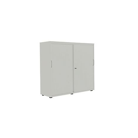 Gray office cabinet with two sliding doors, two handles and a lock.