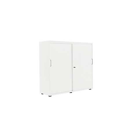 White cabinet with sliding doors, black handles, and a key. Standing on black feet against a white background.