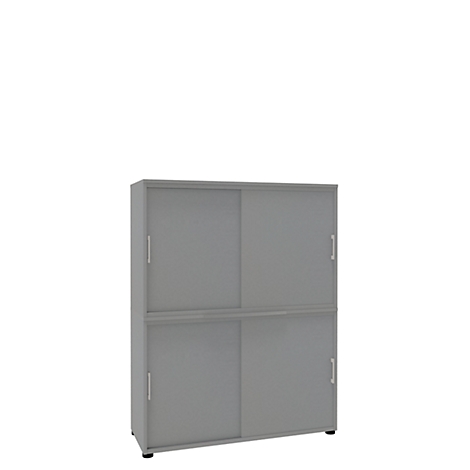 Grey office cabinet with four sliding doors on a white background.