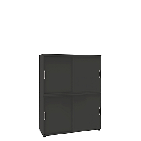 Dark grey cabinet with sliding doors, on a white background.