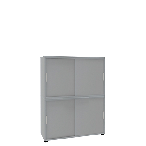 Grey cabinet with sliding doors. The cabinet has four doors. Two above each other, each door has a handle.