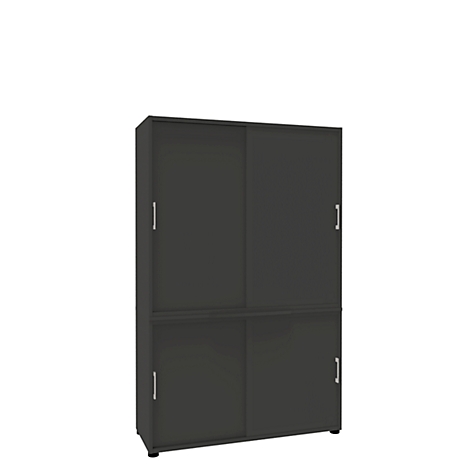 Dark grey cabinet with sliding doors against a white background.