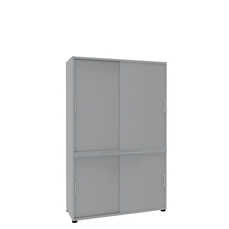 Grey cabinet with sliding doors. The two-part upper compartment has two doors, the lower compartment as well.