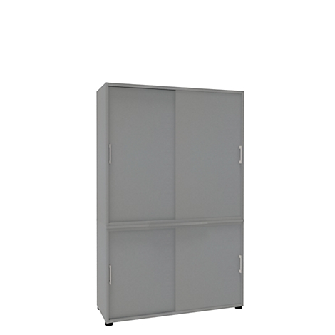 Gray cabinet with sliding doors on white background.