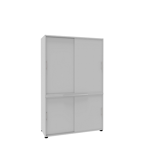 Grey cabinet with sliding doors against a white background.