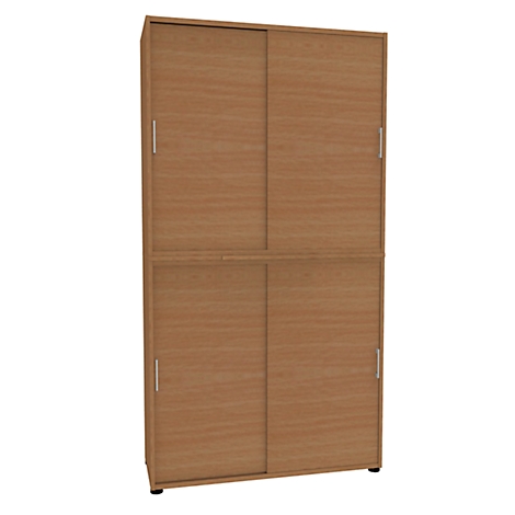 A tall, brown cabinet with two sliding doors, silver handles, and a wood grain finish. The background is white.