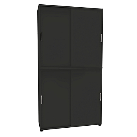 Dark cabinet with sliding doors, four doors in total.