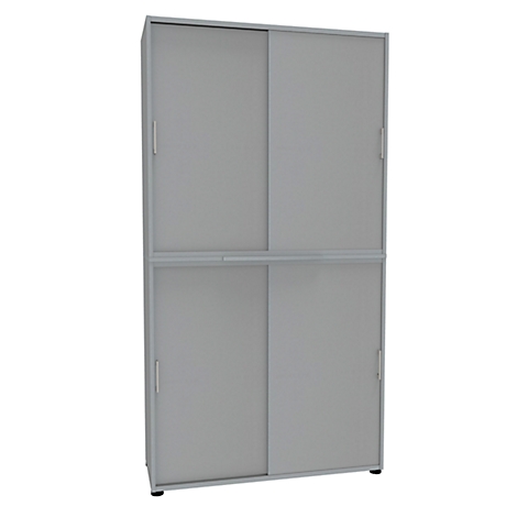 Gray filing cabinet with sliding doors.