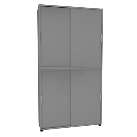 Grey, two-door cabinet with sliding doors.