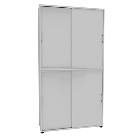 A white rectangular cabinet with sliding doors. It is divided into two halves. The cabinet stands on black feet.