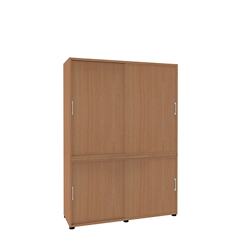 A wooden cabinet with sliding doors and a division into two areas. The cabinet stands against a white background.